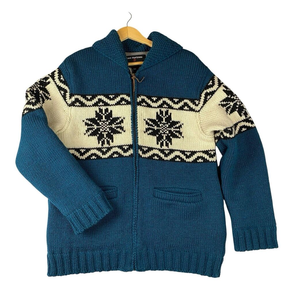 Lost Horizons Cowichan Wool Sweater S/M Teal Snowflake Fleece Lined Zip Jacket